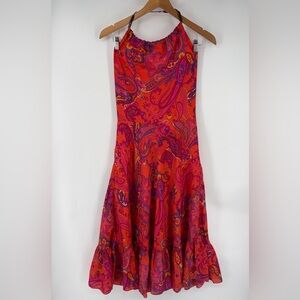 Lauren Ralph Lauren Women Dress Halter Bead Paisley Midi Boho 70s Hippie Silk 10
